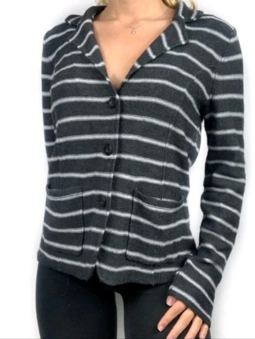 Tahari Gray White Striped Merino Wool Blend Button Front Cardigan Sweater L